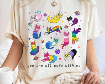 You Are All Safe With Me Shirt, LGBTQ Cat Pride Shirt, Inclusive Rainbow Cat Tee, Comfort Colors Graphic Tee, Cute Pride Month Gift