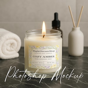Candle Label Mockup for Cozy Amber Jar | AI High-Res PSD | Editable Candle Mockup for Branding Display