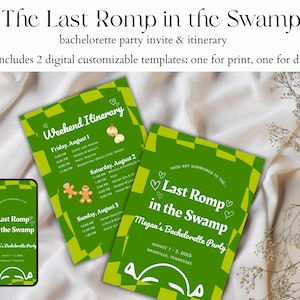 Last Romp in the Swamp EVJF et itinéraire, EVJF ogre vert des marais, cartes d'invitation EVJF drôles, invitation numérique
