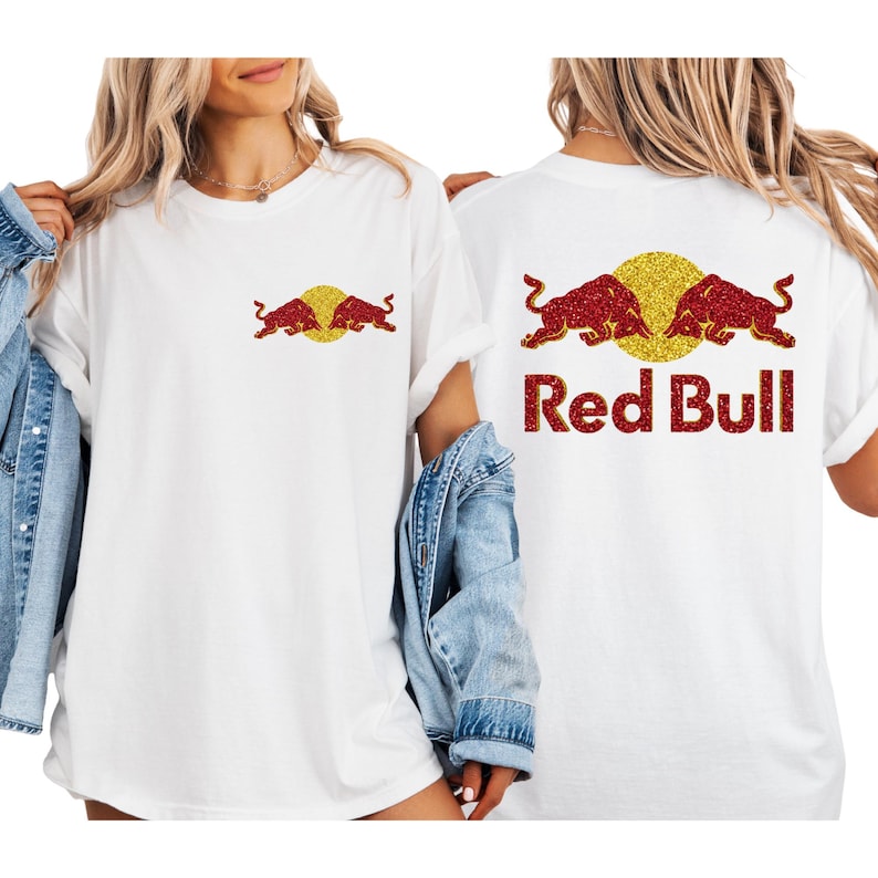 two women wearing white t-shirts with the Red Bull logo and a denim jacket.