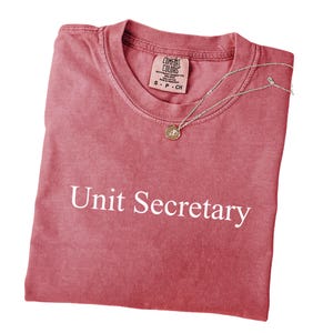 May include: A dusty rose t-shirt with the words "Unit Secretary" printed in white. A silver necklace with a round pendant featuring a floral design rests on the shirt. The shirt is folded and has a Comfort Colors tag.