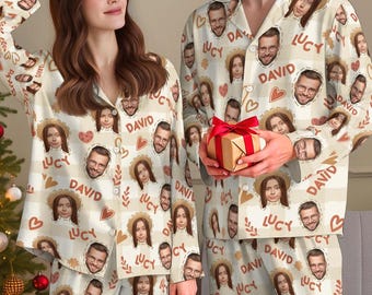 Aangepaste pyjama voor koppels met afbeelding, grappige bijpassende pyjama voor koppels, leuke gepersonaliseerde nachtkledingset, valentijnscadeau voor hem en haar