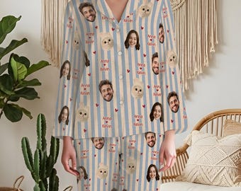Aangepaste gezichtspyjama geruite set, gepersonaliseerde pyjama voor huisdier met foto, bijpassende outfit voor familie en stel, hondencadeaus voor eigenaren, pyjamabroek hond kat moeder