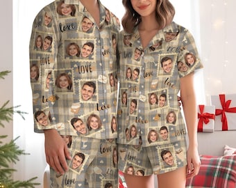 Aangepaste pyjama voor koppels met afbeelding, grappige bijpassende pyjama voor koppels, leuke gepersonaliseerde nachtkledingset, valentijnscadeau voor hem en haar
