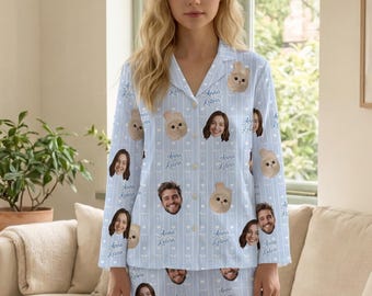 Aangepaste gezichtspyjama geruite set, gepersonaliseerde pyjama voor huisdier met foto, bijpassende outfit voor familie en stel, hondencadeaus voor eigenaren, pyjamabroek hond kat moeder