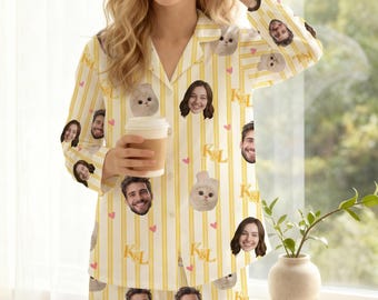 Aangepaste gezichtspyjama geruite set, gepersonaliseerde pyjama voor huisdier met foto, bijpassende outfit voor familie en stel, hondencadeaus voor eigenaren, pyjamabroek hond kat moeder