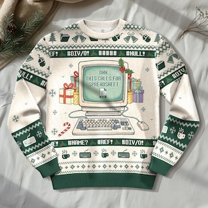 May include: Cream Christmas jumper with a green and white pattern. The jumper features a retro computer graphic with the text "OHH... THIS CALLS FOR SPREADSHEET". Additional graphics include presents, a candy cane, and computer-related icons.