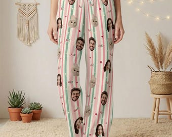 Aangepaste gezichtspyjama geruite set, gepersonaliseerde pyjama voor huisdier met foto, bijpassende outfit voor familie en stel, hondencadeaus voor eigenaren, pyjamabroek hond kat moeder