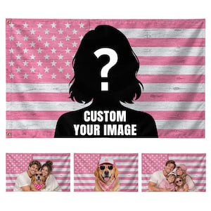 May include: A rectangular wall flag featuring a pink and white wood-grain American flag pattern. The center displays a black silhouette of a person with a white question mark and the text CUSTOM YOUR IMAGE printed in white capital letters.