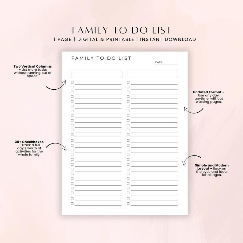 Family to Do List Printable, Minimalist Task Checklist PDF, Household ...