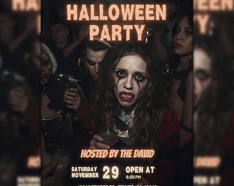 Może przedstawiać: Plakat na imprezę Halloween o tematyce horroru. Tekst "JOIN US FOR A KILLER HALLOWEEN PARTY" jest wyświetlany w świecących pomarańczowych literach. Plakat przedstawia kobietę z makijażem zombie i innych uczestników imprezy w tle. Wydarzenie jest organizowane przez "THE DAVID" 29 listopada o godzinie 18:00.