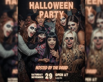 Może przedstawiać: Plakat na imprezę Halloween z grupą osób w makijażu zombie. Tekst brzmi "JOIN US FOR A KILLER HALLOWEEN PARTY" i zawiera datę, godzinę i miejsce. Gospodarzem jest The David.