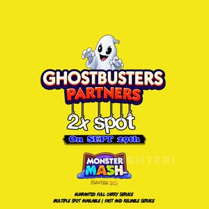 Puede incluir: Un gráfico amarillo con un fantasma blanco de dibujos animados sobre el texto GHOSTBUSTERS PARTNERS, 2x spot, On SEPT 29th y MONSTER MASH. Debajo, el texto dice GUARANTED FULL CARRY SERVICE, MULTIPLE SPOT AVAILABLE | FAST AND RELIABLE SERVICE.