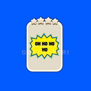May include: A rectangular beige notepad with rounded corners and four star-shaped icons at the top. In the center, a yellow jagged speech bubble contains the black text OH HO HO HO. The design is set against a solid, vibrant blue background.