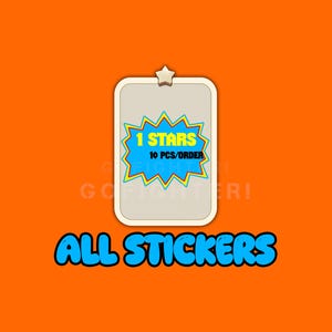 May include: A rectangular beige sign with a star icon at the top, featuring a blue and yellow starburst graphic with the text 1 STARS and 10 PCS/ORDER. Below the sign, the text ALL STICKERS is written in large, bold, blue, cartoon-style letters.