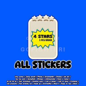 May include: A rectangular beige sign with four stars at the top and a yellow starburst graphic in the center containing the text 4 STARS 3 PCS/ORDER. Below the sign, the text ALL STICKERS appears in black, followed by a list of various phrases.