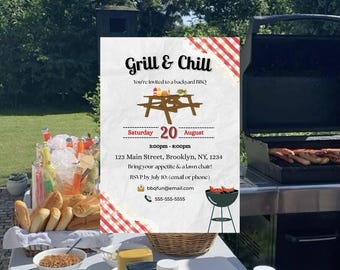 Editable Grill & Chill BBQ Invitation, Backyard BBQ Party Invite, Summer Cookout Printable, Editable Instant Download, BBQ Birthday Template