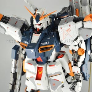 May include: A detailed model of a mecha robot, featuring a color scheme of white, navy blue, and orange. The robot has intricate paneling and design elements, with visible text on its surface. The overall aesthetic suggests a futuristic or science fiction theme.