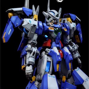 May include: A detailed model of a blue, white, and gray mecha robot with yellow accents. The robot has multiple articulated joints and panels, with a complex design. The image includes the text "AeroModelBuild" in the upper right corner.