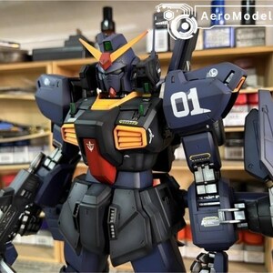 Pu&ograve; includere: Modello dettagliato di un robot Gundam, principalmente blu navy con accenti arancioni, rossi e gialli. Il robot ha un grande scudo, un'arma e il numero "01" sulla spalla. Il testo "AeroModelBuild" &egrave; visibile nell'angolo in alto a destra.