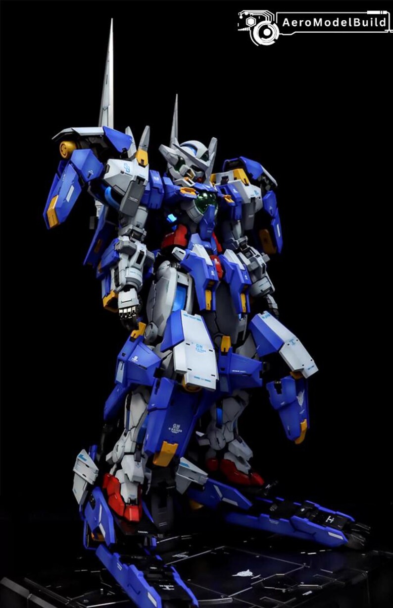 May include: A detailed model of a blue, white, and gray mecha robot with yellow accents. The robot has multiple articulated parts and is posed against a black background. The AeroModelBuild logo is in the top right corner.