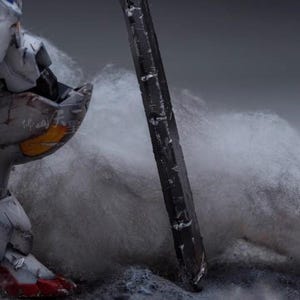 May include: A detailed model of a robot with a large, dark sword. The robot is primarily gray with red and blue accents, and the sword is black. The scene is set on a textured surface with a cloudy background.