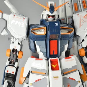 May include: A detailed model of a robot with a white, blue, orange, and gray color scheme. The robot has intricate mechanical details, including visible joints and panels. Text on the robot includes "RX93" and "E.F.S.F."