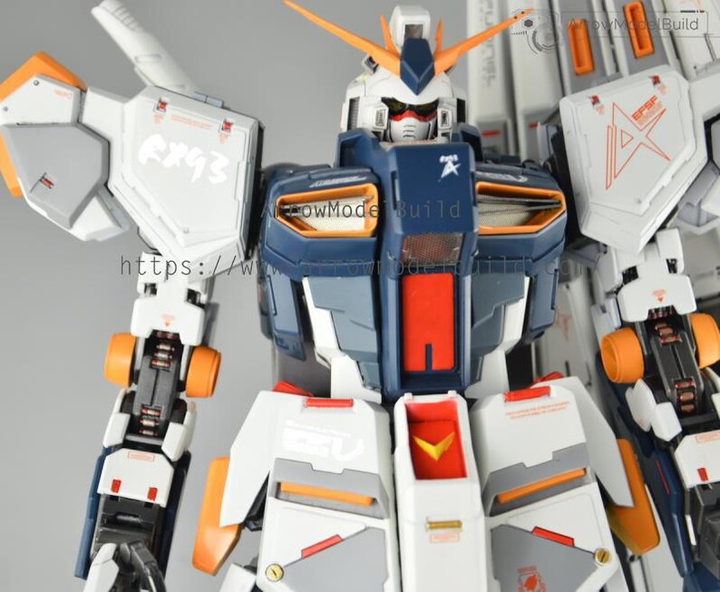 May include: A detailed model of a robot with a white, blue, orange, and gray color scheme. The robot has intricate mechanical details, including visible joints and panels. Text on the robot includes "RX93" and "E.F.S.F."