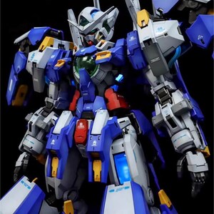 May include: A detailed model kit of a futuristic robot, primarily in shades of blue, white, gray, and yellow. The robot features intricate mechanical details, including articulated limbs, panels, and a head with a distinctive design. The model is set against a black background.