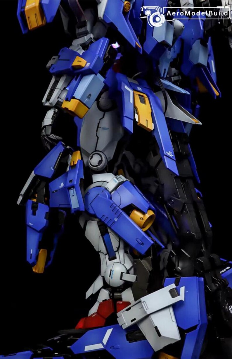 May include: A detailed, partially assembled model kit of a robot, featuring a color scheme of blue, white, gray, and yellow. The model has intricate mechanical details and is set against a black background. The text "AeroModelBuild" is visible.