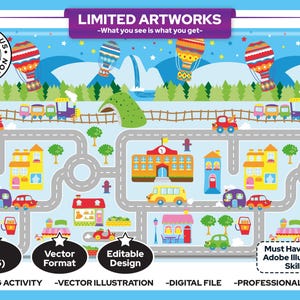 May include: A colorful digital illustration of a town with roads, buildings, and vehicles. The image includes hot air balloons, trains, cars, and a school bus. Text at the top reads "LIMITED ARTWORKS". Additional text includes "LEARNING ACTIVITY" and "VECTOR ILLUSTRATION".