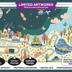 May include: A whimsical digital illustration featuring a winding road through a colorful town with cars, trees, and houses. The night sky is filled with stars, rockets, and a helicopter. Text includes "LIMITED ARTWORKS" and "VECTOR ILLUSTRATION".