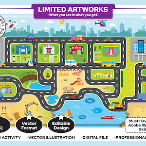 Puede incluir: Un mapa de la ciudad ilustrado y colorido con carreteras, edificios y vehículos. El diseño incluye un parque infantil, un río y varias opciones de transporte como coches, un autobús y un helicóptero. El texto incluye "LIMITED ARTWORKS" y "What you see is what you get".