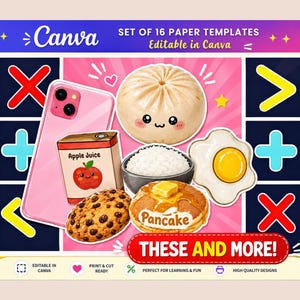 Könnte beinhalten: Ein Set aus 16 Papiervorlagen mit Illustrationen eines rosa Smartphones, einer Apfelsaftpackung, eines gedämpften Brötchens, einer Schüssel Reis, eines Schokoladenkekses, eines Pfannkuchens mit Butter und eines Spiegeleis, mit Text SET OF 16 PAPER TEMPLATES.