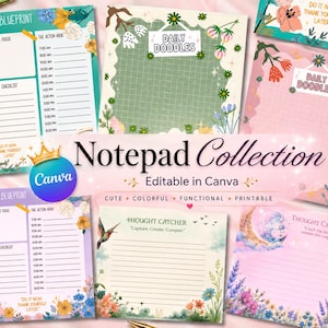 May include: A collection of colorful notepads with floral and botanical designs. The notepads feature daily planners, checklists, and doodle pages. The text on the notepads includes "The Daily Blueprint", "Daily Doodles", and "Thought Catcher".