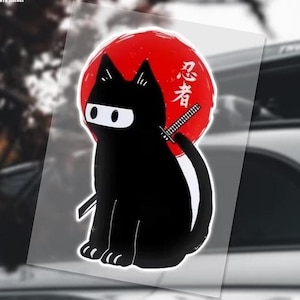 Reflective Ninja Cat Japanese Car Sticker, Red Sun Vinyl Decal for Motorcycle, Truck, Van, Laptop, JDM Racing Style Accessory