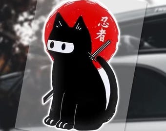 Pegatina reflectante de gato ninja japonés para coche, vinilo de sol rojo para motocicleta, camión, furgoneta y portátil, accesorio estilo carreras JDM.