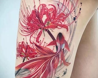 4 PCs Red Koi Fish Temporary Tattoo for Women, Men, Waterproof Fake with Floral Design, Long-Lasting Arm Art, Japanese Style Body Sticker