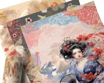 8PCS Retro Japanese Rice Paper, Original Design Craft Paper for Scrapbooking, Vintage Junk Journal Decoration Supplies