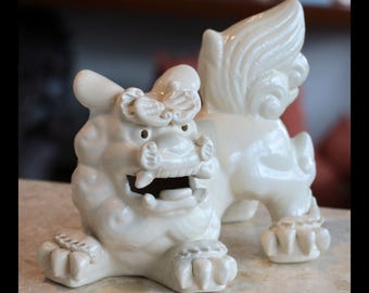 Okinawan White Shisa Dog Pair, Japanese Ceramic Guardian Statues