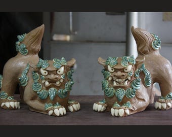 Okinawa Shisa pair Gift Celebration Present Japanese Ceramics Brown x Green Okinawa Limited