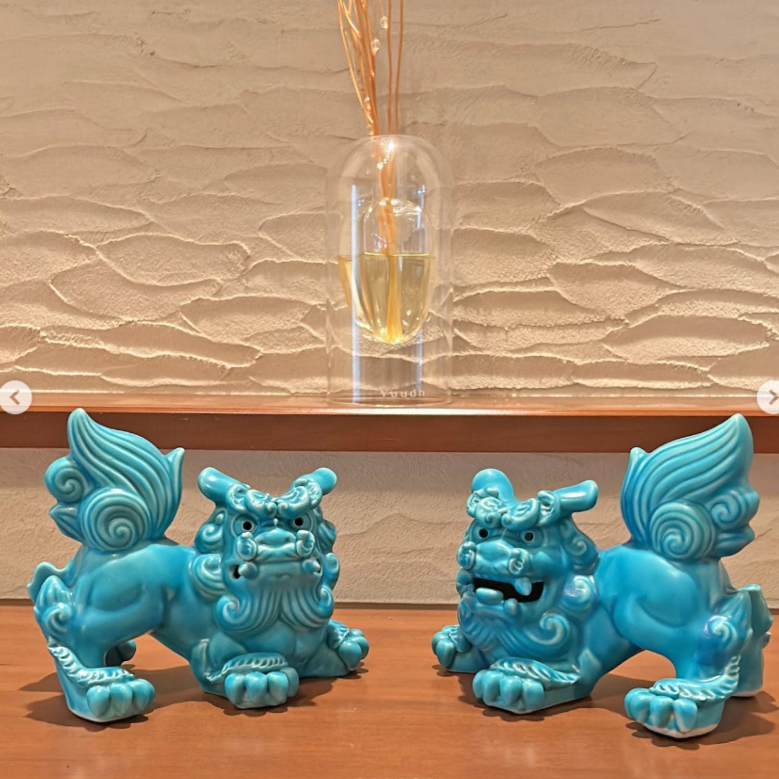 Okinawa Shisa Lion Statues, Turquoise Ceramic Guardian Dog