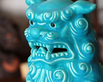 Okinawa Shisa Lion Statues, Turquoise Ceramic Guardian Dogs