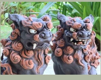 Handcrafted Okinawa Shisa Pair – Black Lion Statues, Feng Shui