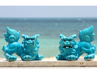 Okinawa Shisa Lion Statues, Turquoise Ceramic Guardian Dog
