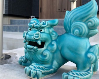 Okinawa Shisa Lion Statues, Turquoise Ceramic Guardian Dog
