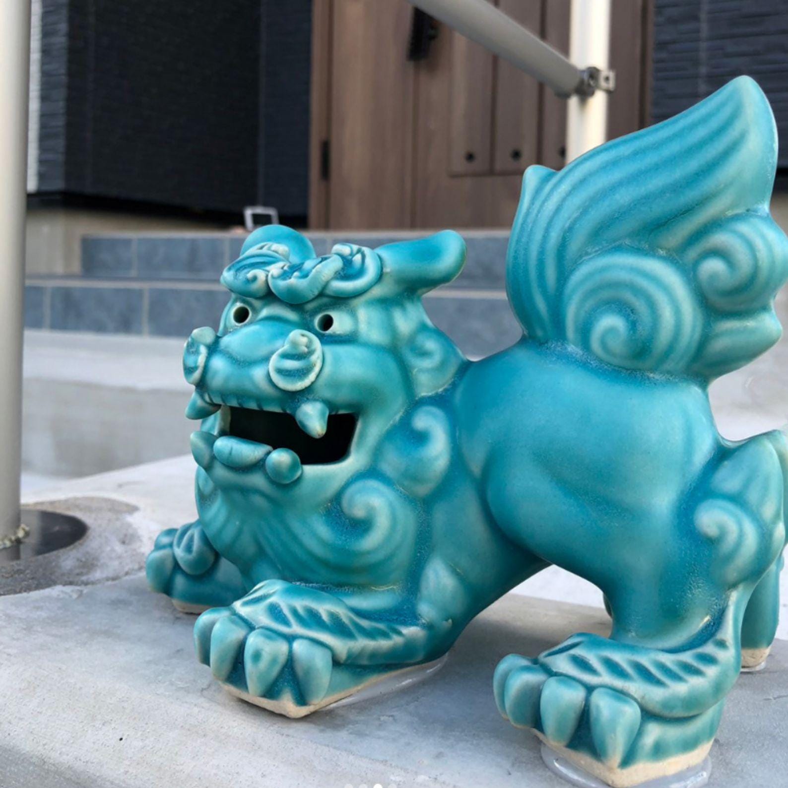 砡製 獅子置物 2609g 東キ8-0307① タニサオ Okinawa Shisa Lion Statues, Turquoise Ceramic Guardian Dog