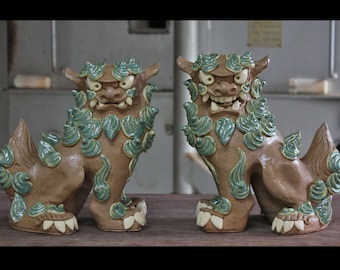 Okinawa Shisa pair Gift Celebration Present Japanese Ceramics Brown x Green Okinawa Limited