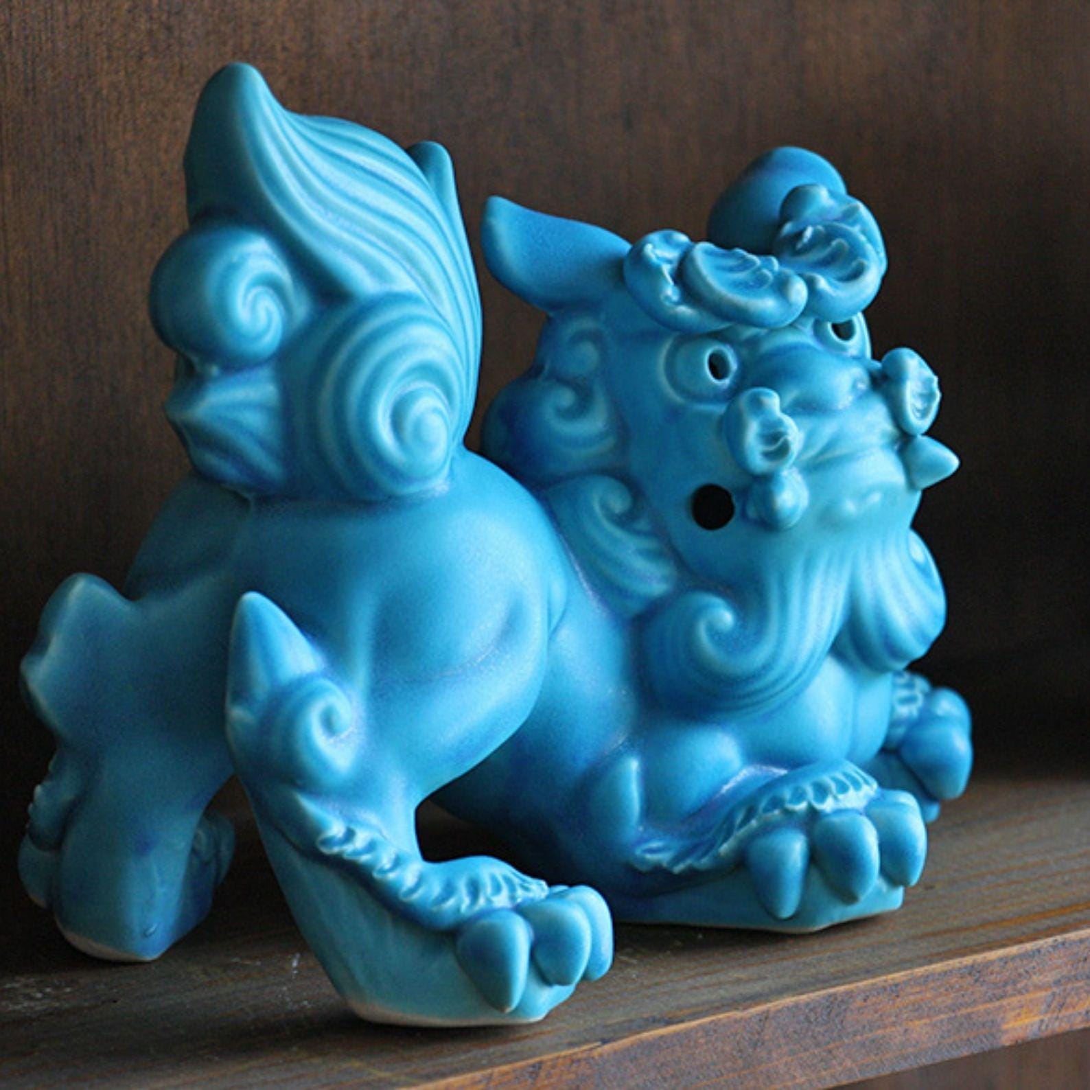 Okinawa Shisa Lion Statues, Turquoise Ceramic Guardian Dog