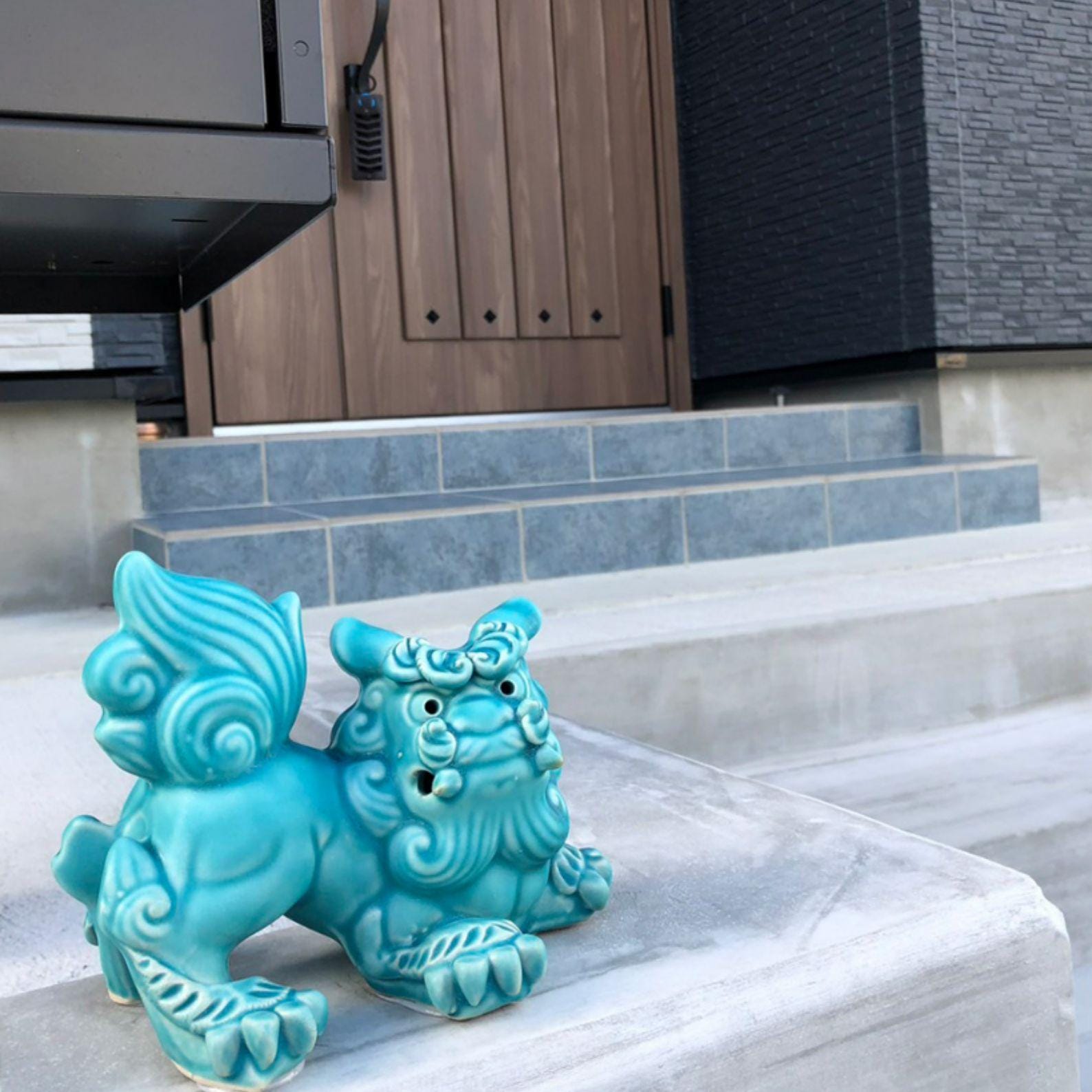 砡製 獅子置物 2609g 東キ8-0307① タニサオ Okinawa Shisa Lion Statues, Turquoise Ceramic Guardian Dog